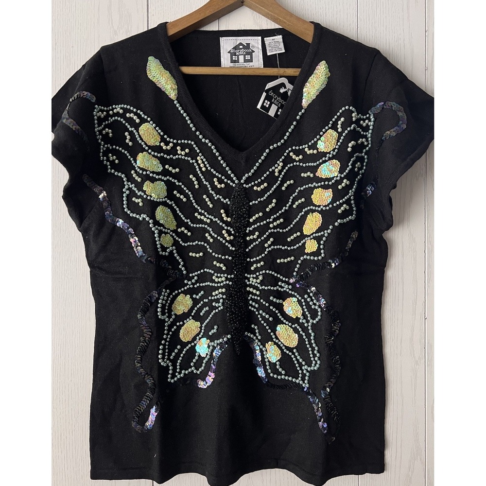 Vintage Storybook Knits Butterfly Sweater Sz M Black Beaded Sequin New Old Stock